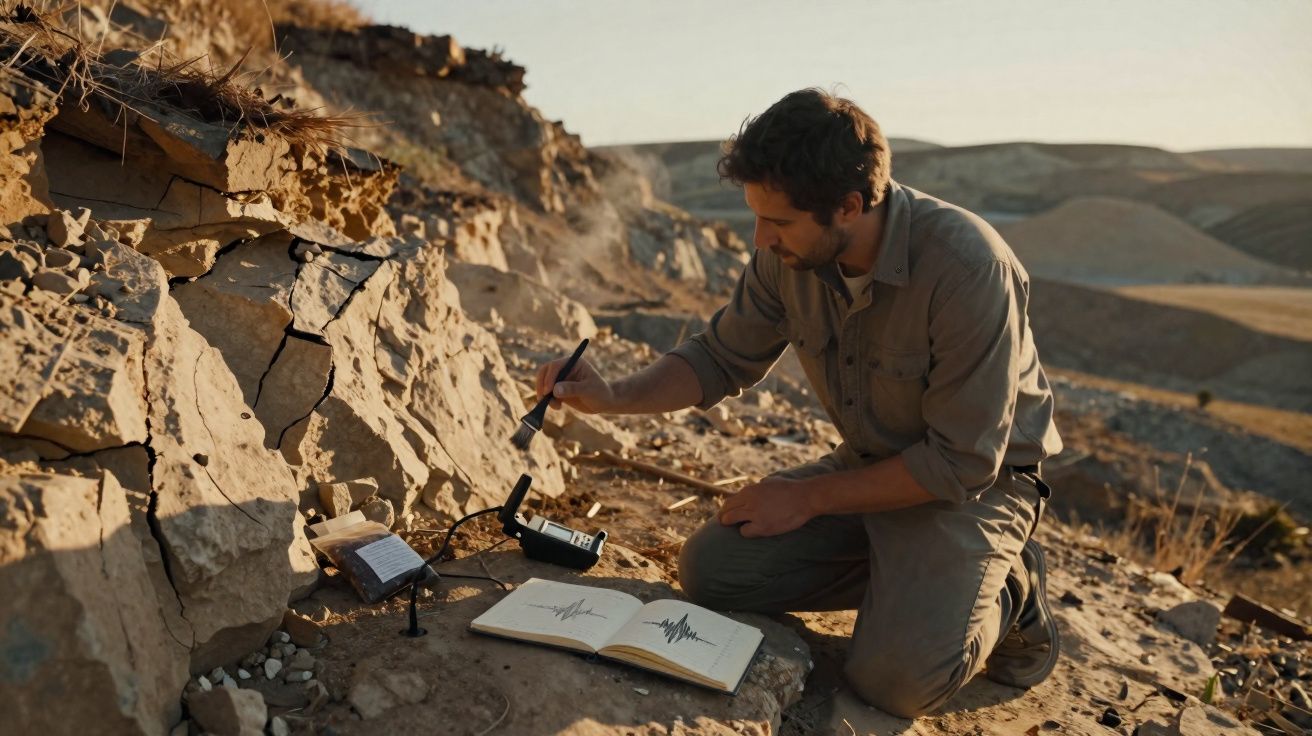 Homem a cavar e examinar fósseis em ambiente seco e rochoso durante o dia.