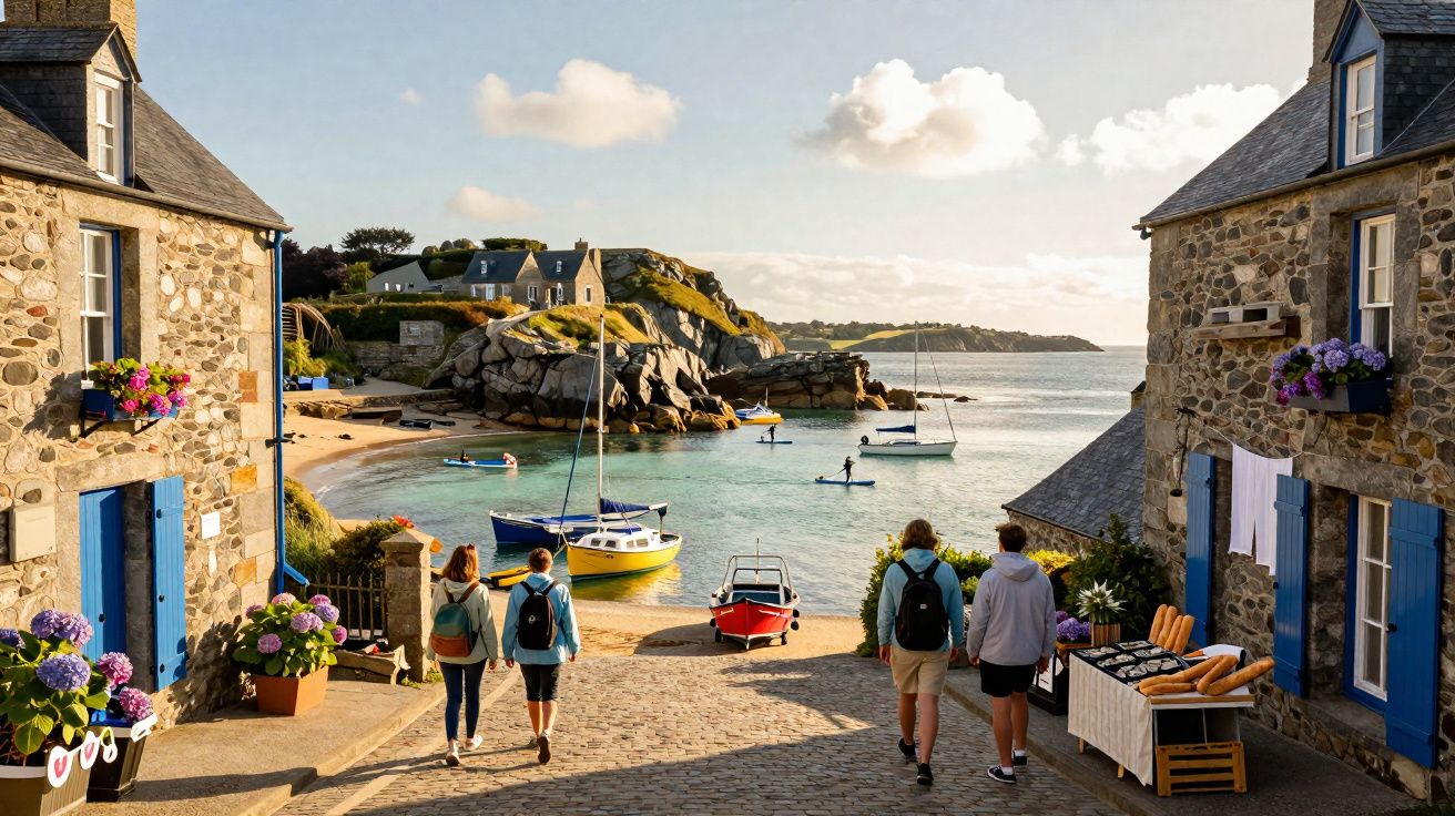 Rua em vila costeira com casas de pedra, flores e pessoas a caminharem em direção ao mar com barcos ancorados.