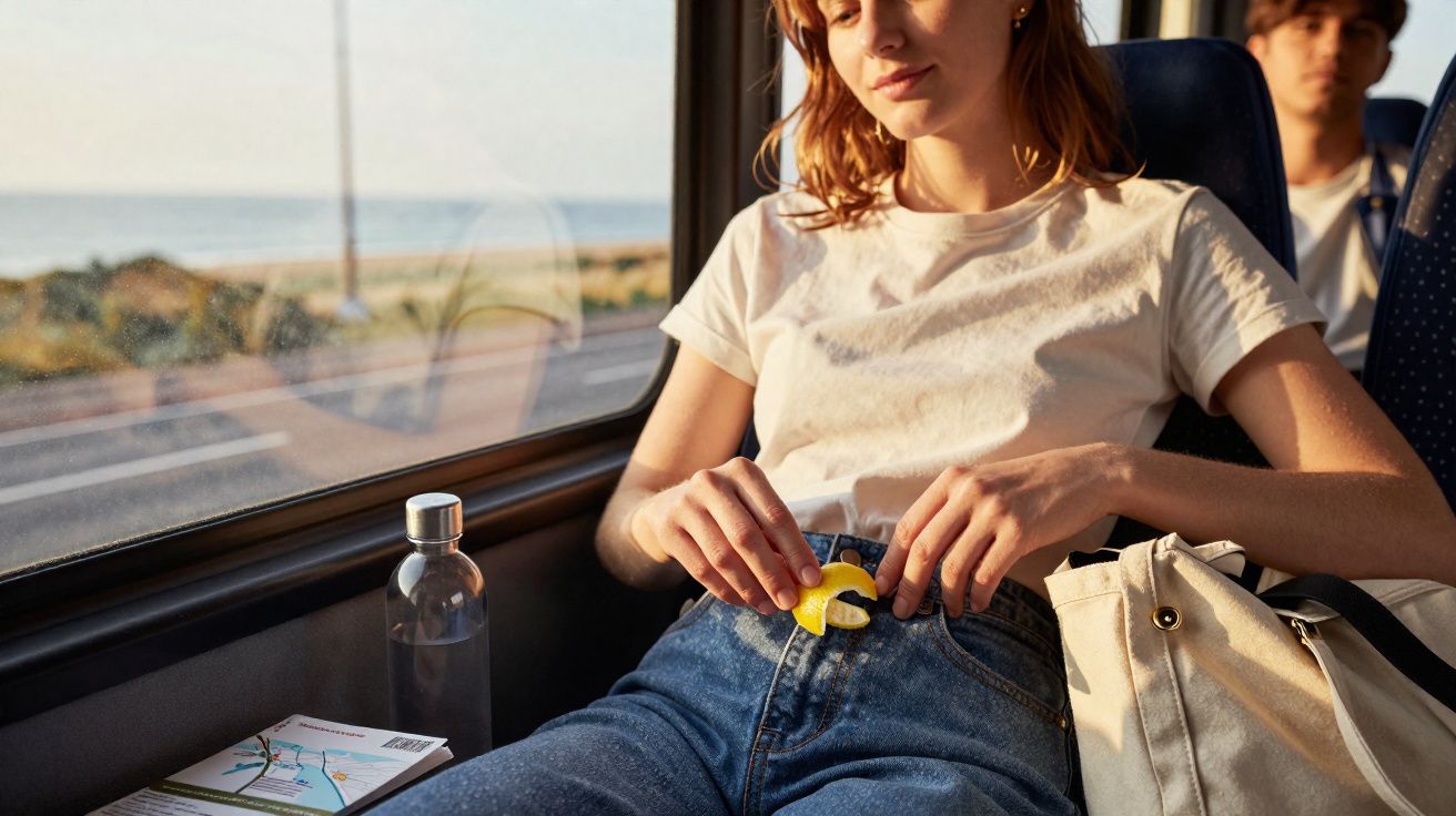 Mulher sentada num comboio a abrir um pacote de snacks junto à janela com paisagem costeira ao fundo.