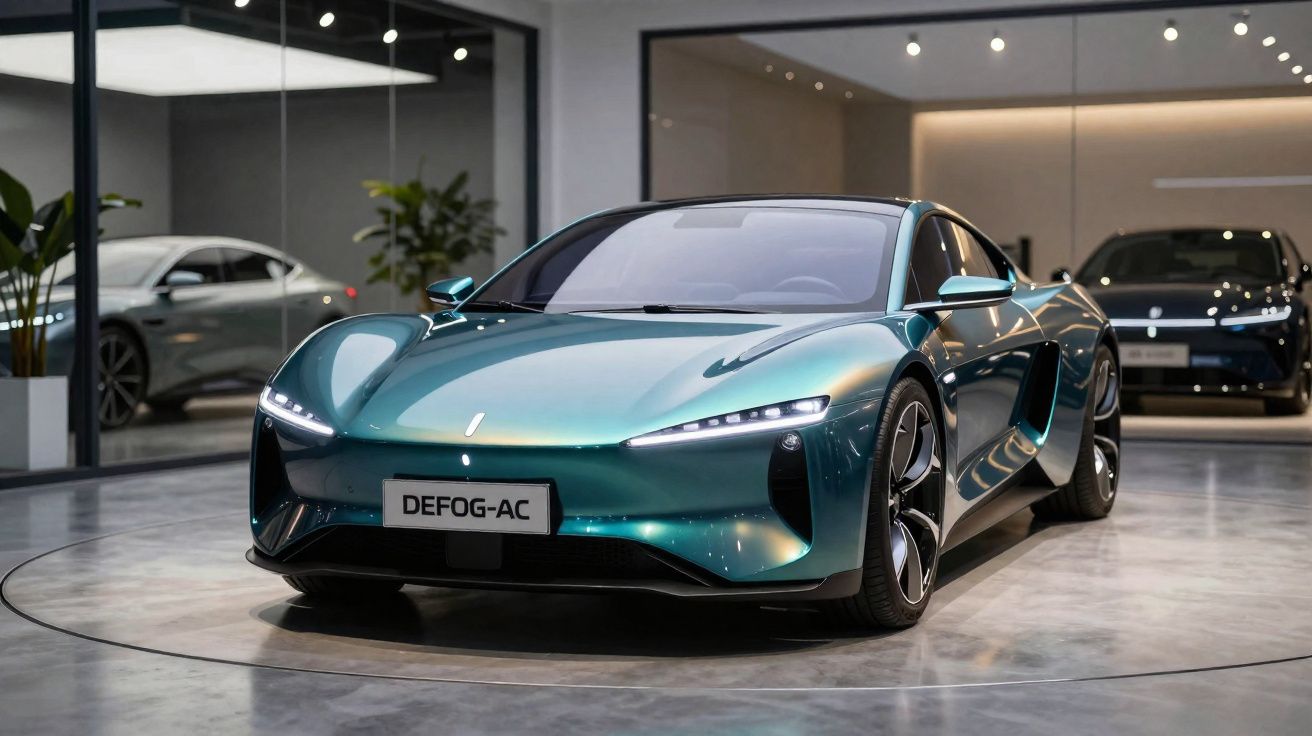 Carro desportivo elétrico verde metálico estacionado em showroom moderno com iluminação ambiente.