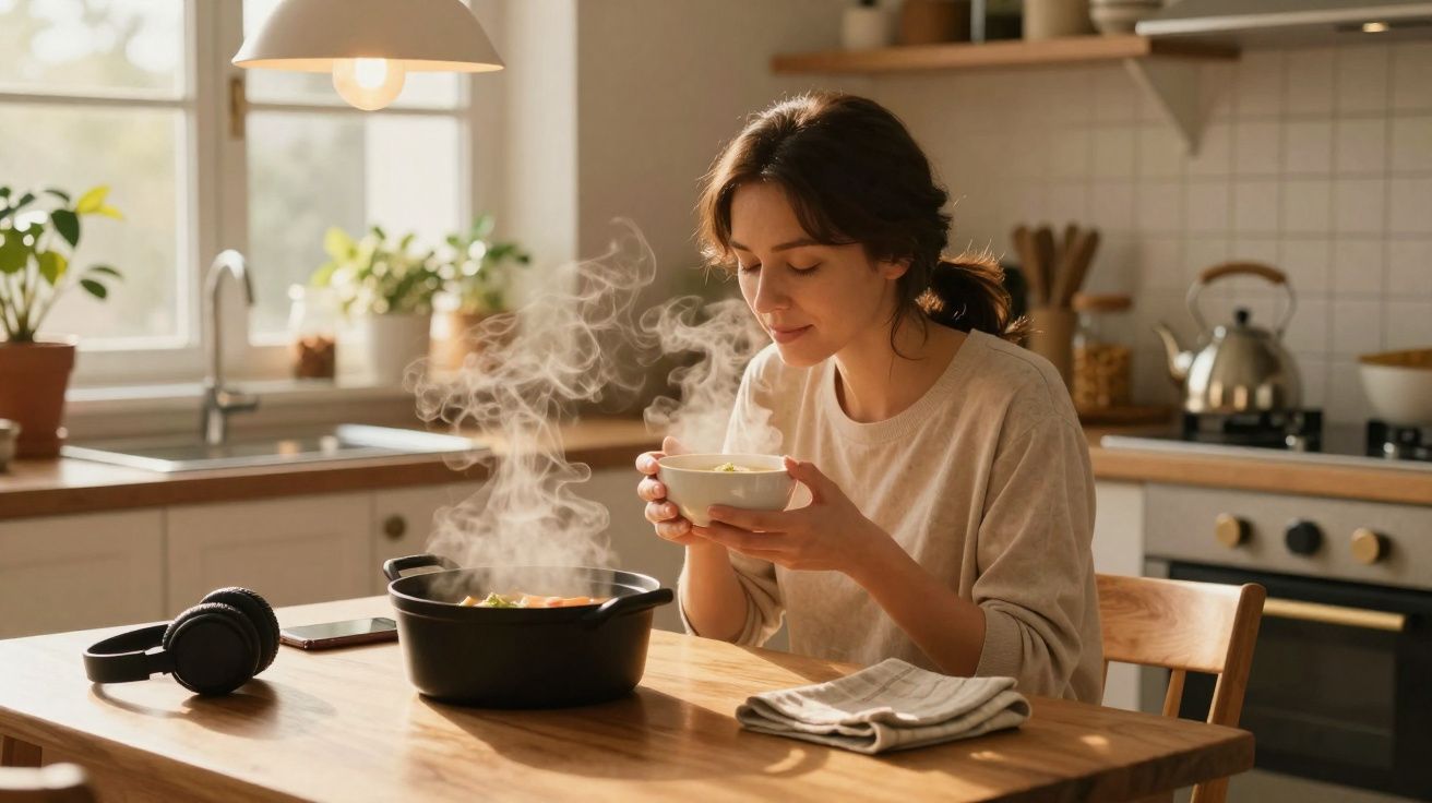 Mulher a saborear uma sopa quente numa cozinha luminosa, com vapor a sair da panela.