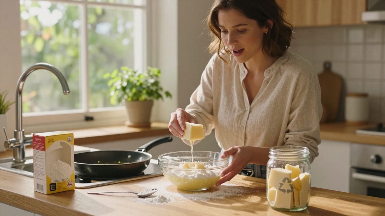 Mulher a cozinhar numa cozinha iluminada, derramando manteiga numa taça com farinha.