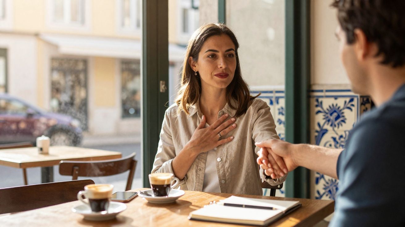 Mulher agradecida segura a mão de um homem num café, com duas chávenas de café sobre a mesa.