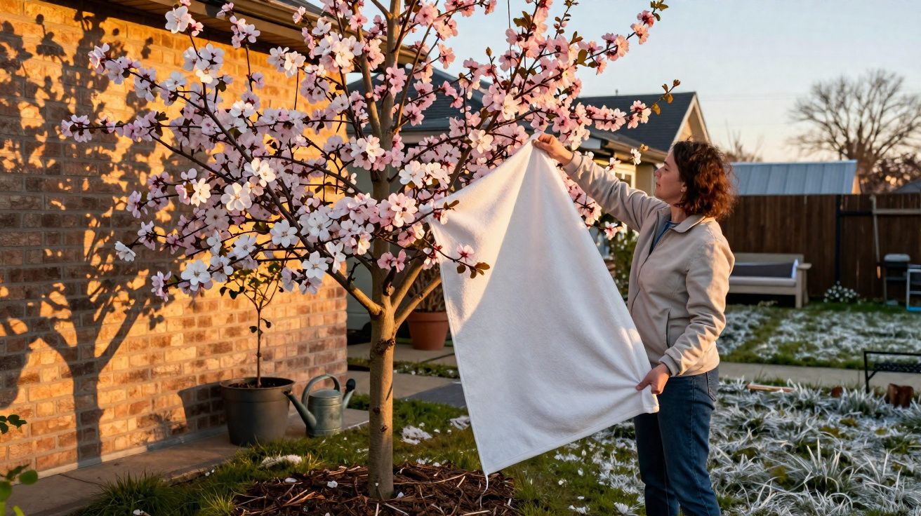 Mulher cobre árvore florida com manta branca num jardim residencial ao pôr do sol.