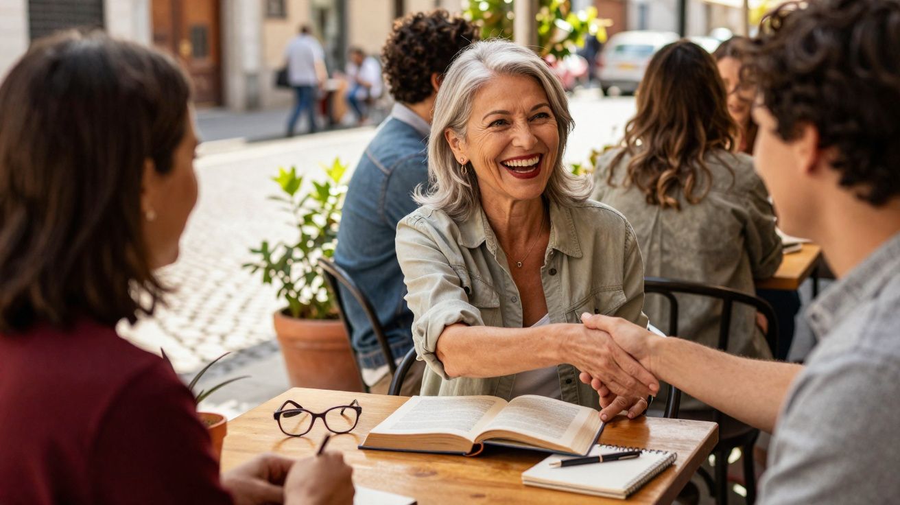 Grupo de pessoas num café ao ar livre, mulher sorridente a cumprimentar homem com aperto de mão.