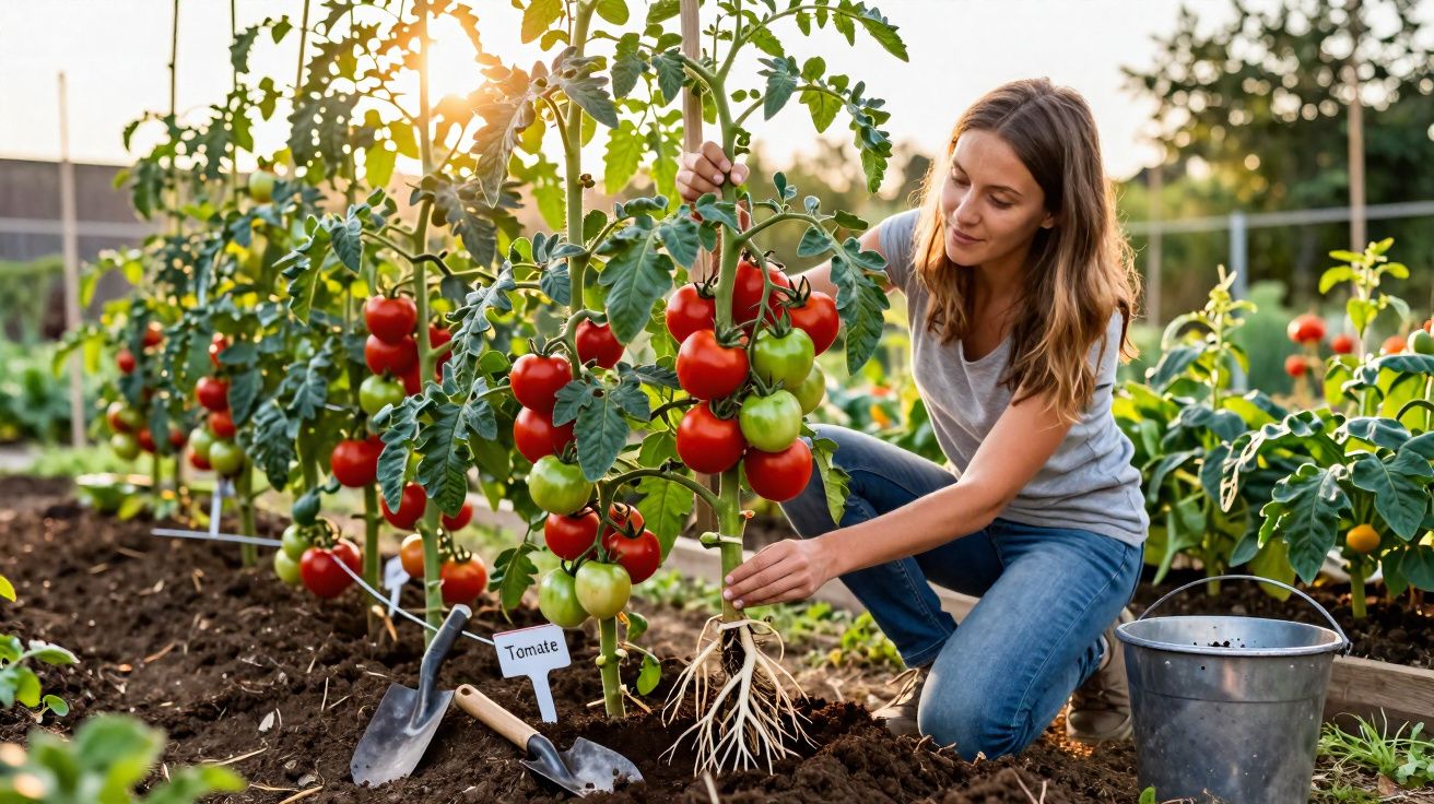 Mulher a plantar tomateiros num jardim com frutos vermelhos e verdes ao pôr do sol.
