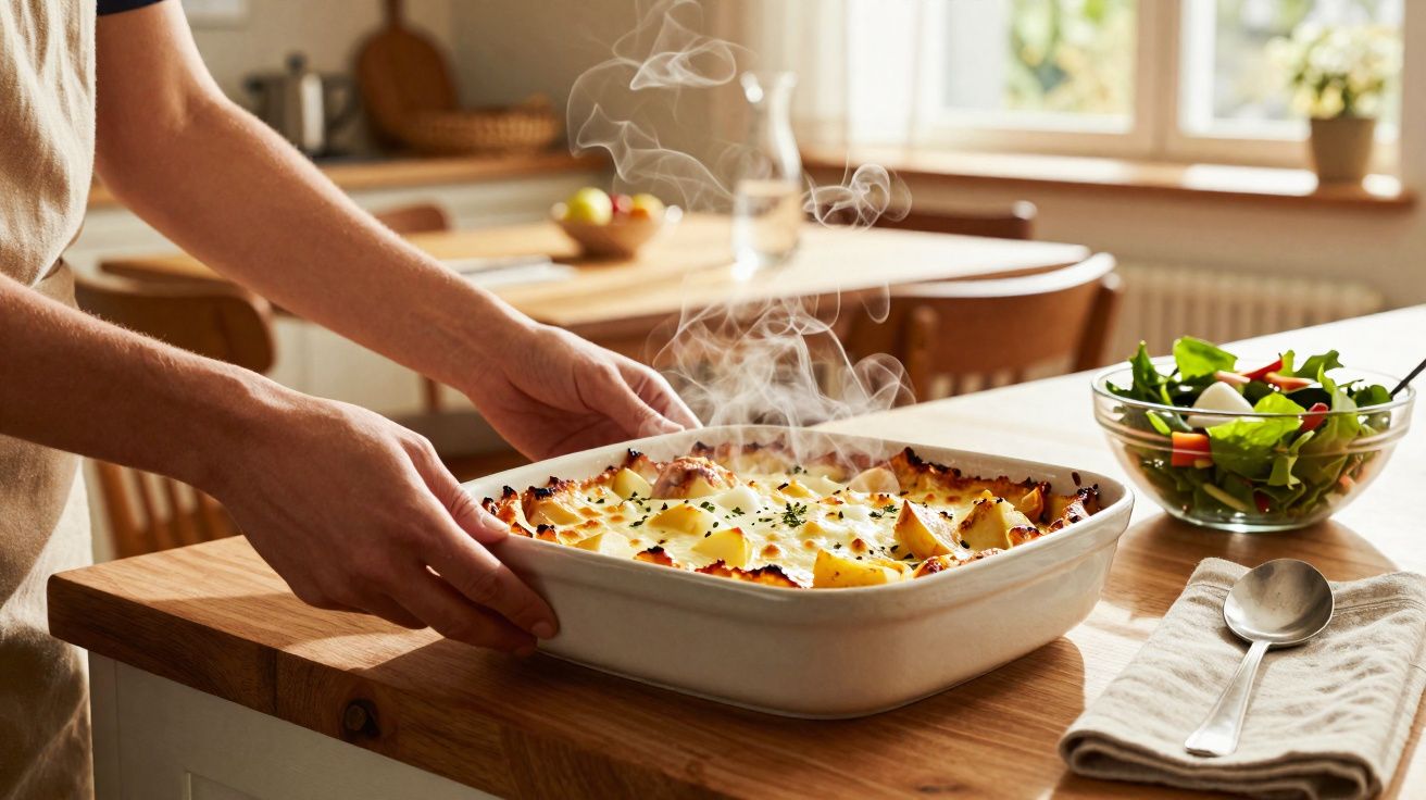 Pessoa a retirar forno quente prato de batatas gratinadas fumegantes numa cozinha iluminada.