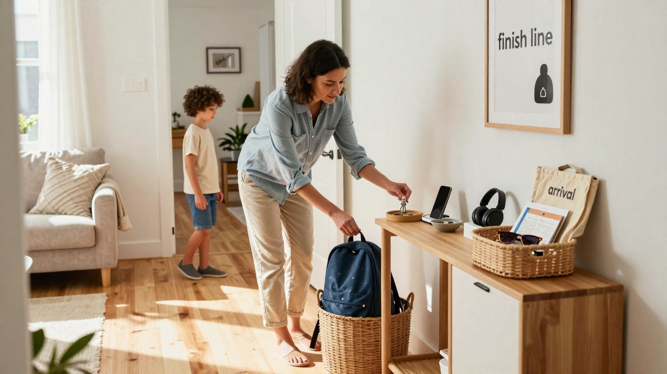 Mulher a apanhar as chaves numa consola enquanto menino caminha numa sala iluminada por luz natural.