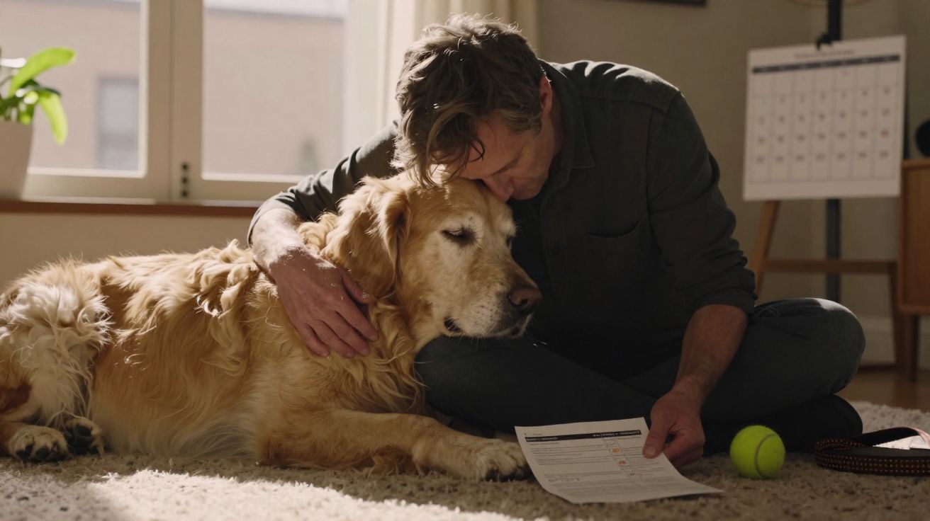 Homem abraça cão dourado enquanto lê documento sentado no chão de uma sala iluminada.