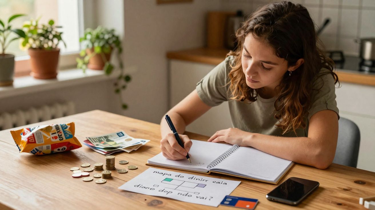 Jovem a fazer orçamento doméstico com notas, moedas, cadernos e telemóvel numa mesa de madeira.