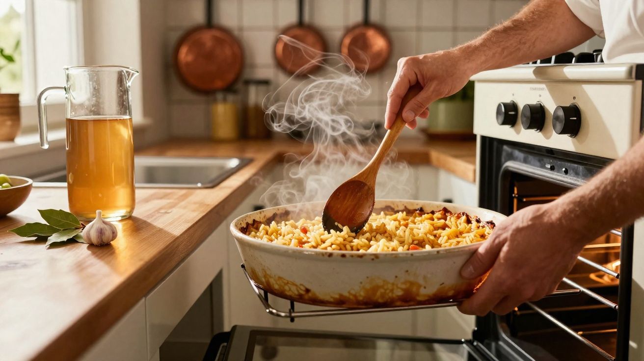 Pessoa a retirar uma travessa com arroz fumegante do forno numa cozinha tradicional.