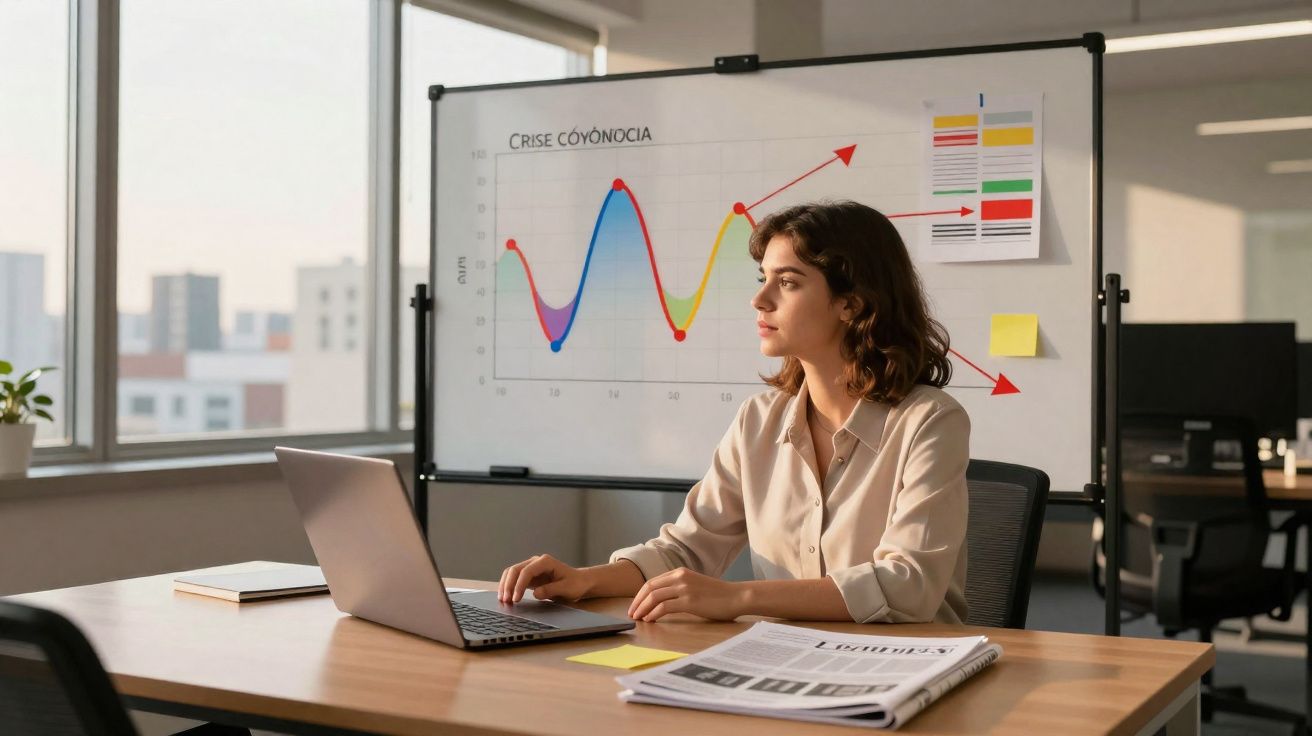 Mulher a trabalhar num escritório com laptop, gráficos e notas numa secretária e quadro branco ao fundo.