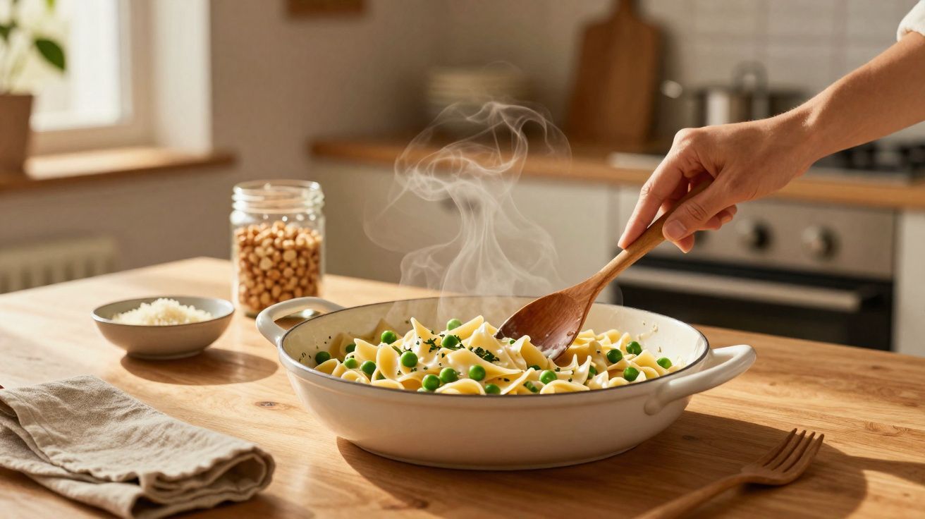 Pessoa a mexer massa com ervilhas numa taça branca numa cozinha luminosa.