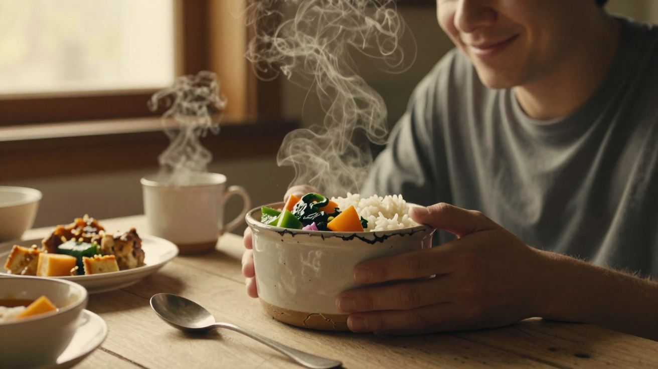 Pessoa sorridente segurando tigela fumegante com arroz e legumes numa mesa de madeira.