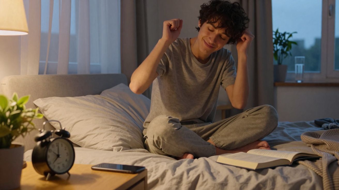 Jovem sentado na cama a espreguiçar-se, com livro aberto e ambiente calmo ao amanhecer.