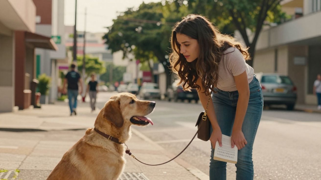 Mulher com jeans e t-shirt interage com cão labrador sentado numa rua urbana durante o dia.