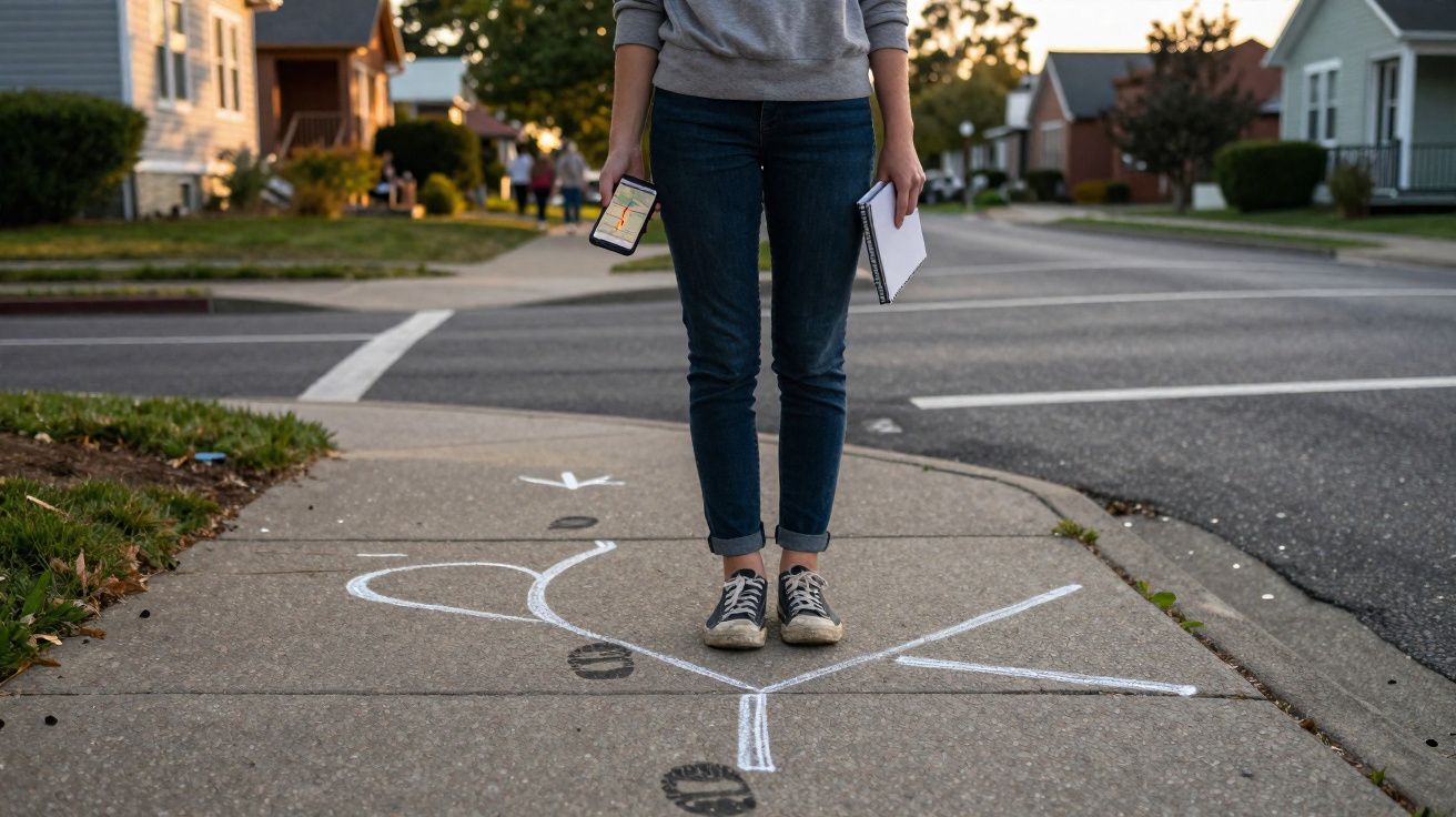 Pessoa em jeans e ténis negros segura um telemóvel e caderno, de pé num passeio com marcas de giz e pegadas.
