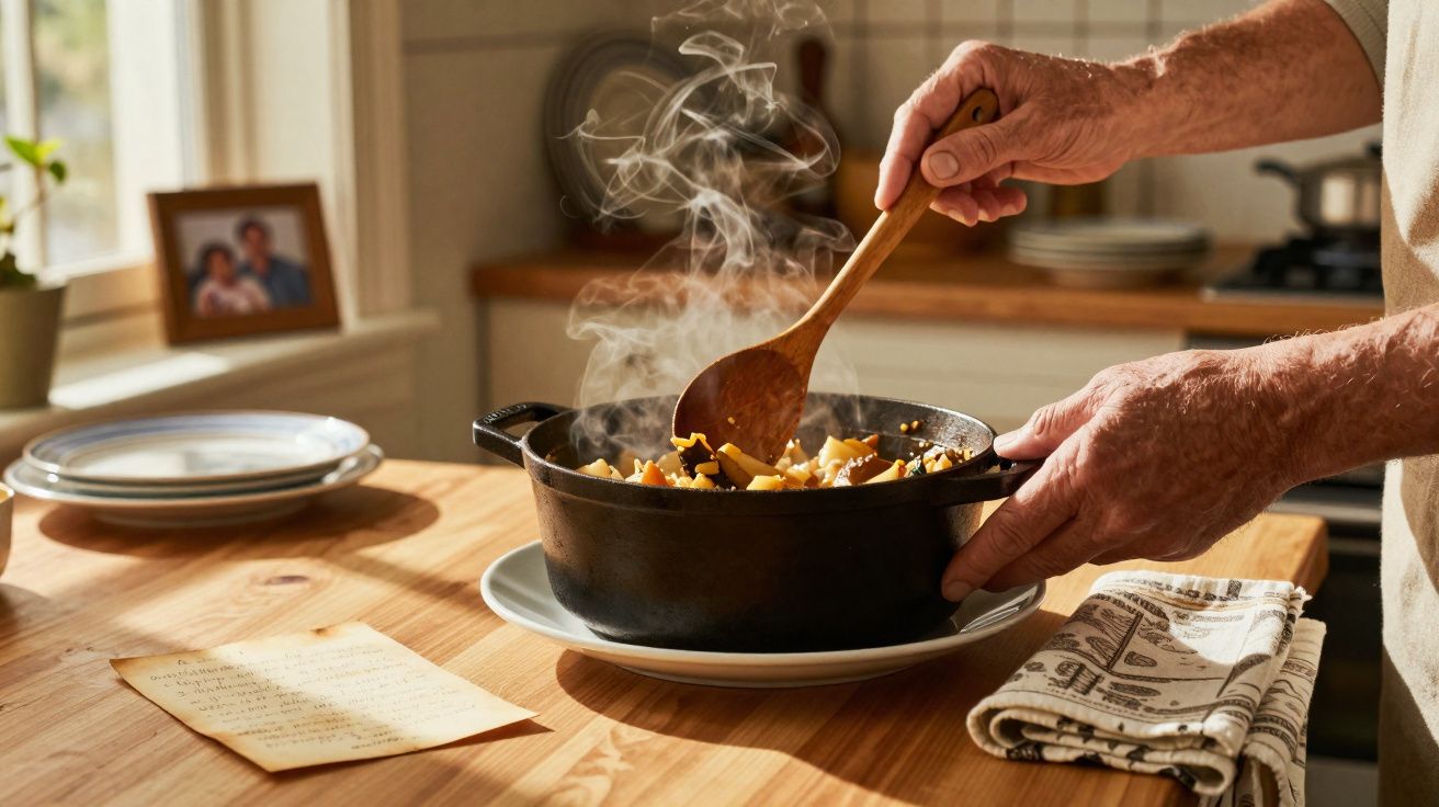 Mãos de pessoa a mexer comida quente em panela preta numa cozinha iluminada, com vapor a subir.