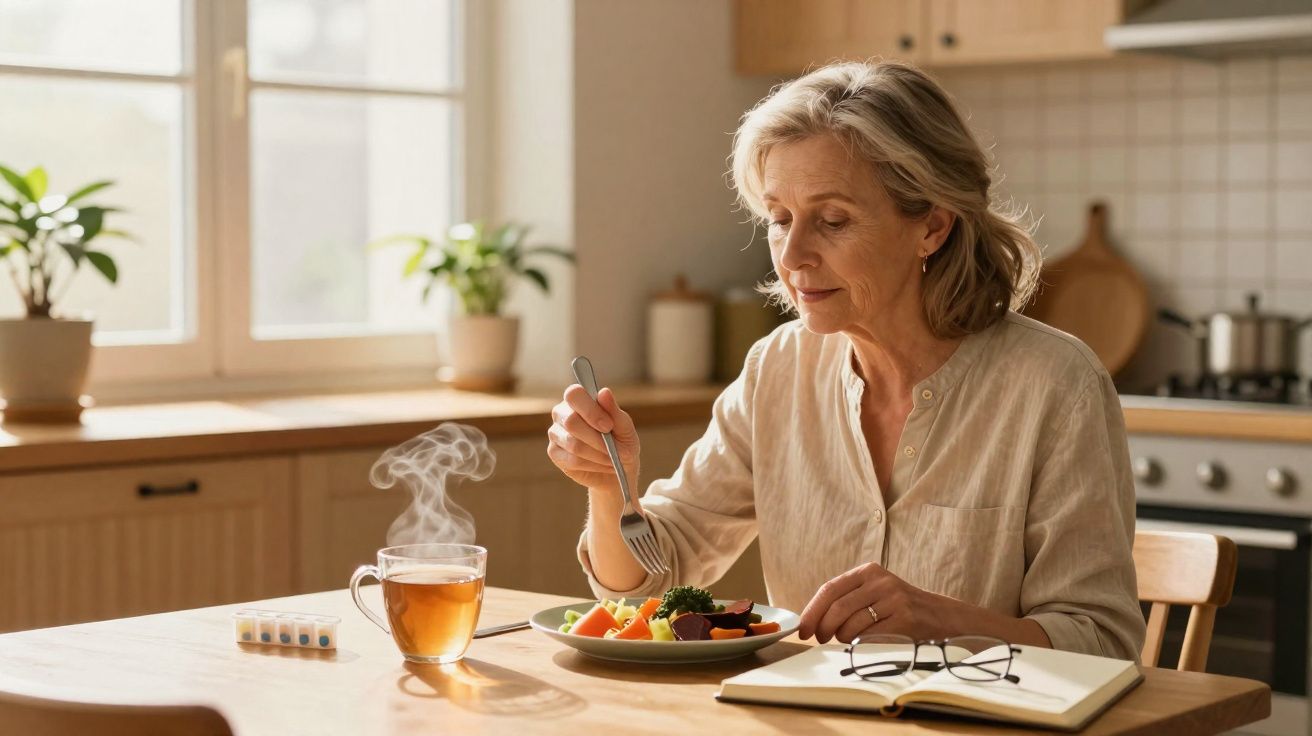 Mulher sénior a almoçar uma salada na cozinha com chá quente e uma caixa de comprimidos na mesa.