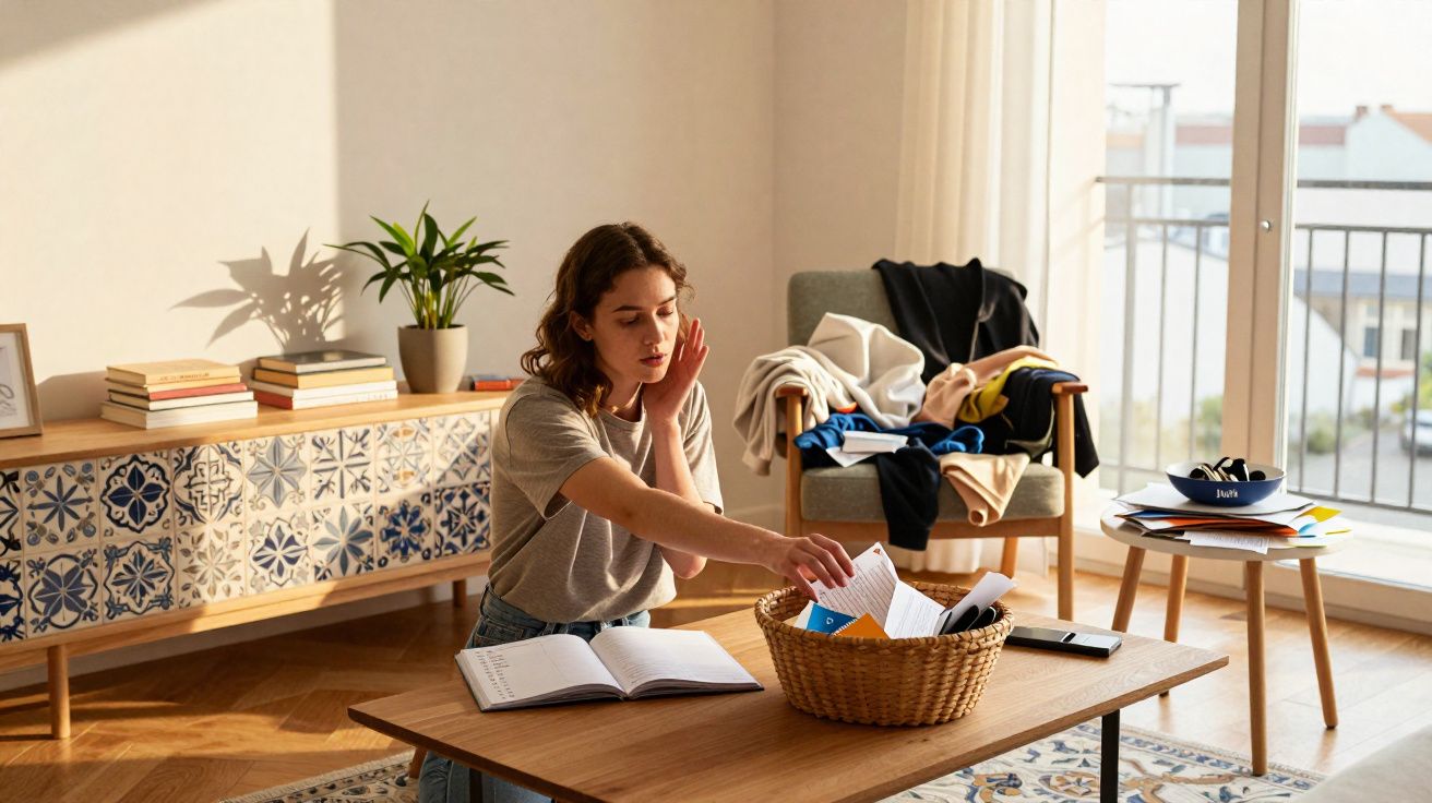 Mulher sentada no chão a organizar papéis numa sala iluminada, com roupa numa cadeira ao fundo.