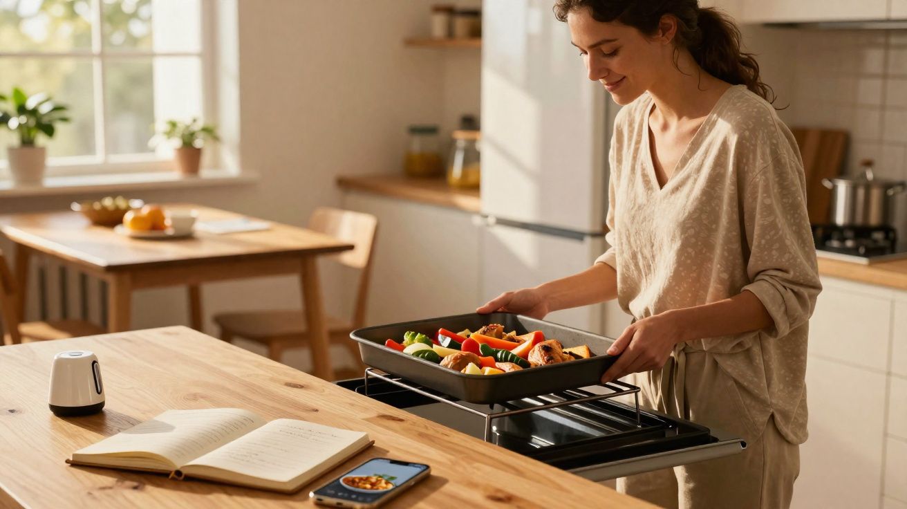 Mulher a retirar tabuleiro com legumes do forno numa cozinha luminosa e moderna.