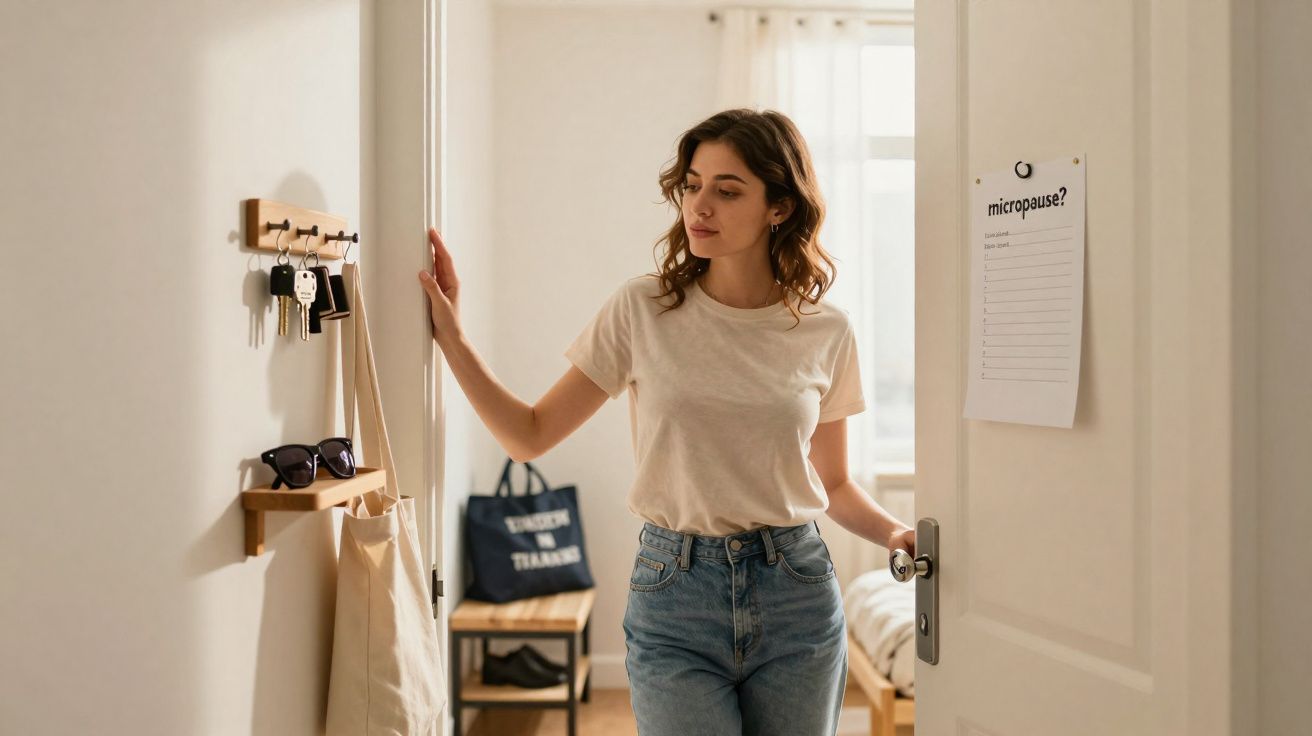 Mulher de cabelo ondulado, camiseta clara e jeans abre porta de quarto com luz natural.