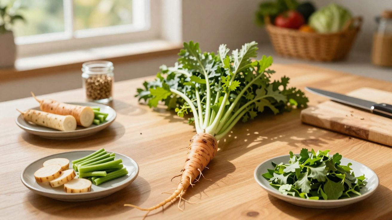 Raiz e folhas frescas de dente-de-leão com rodelas e talos cortados em pratos numa bancada de cozinha.