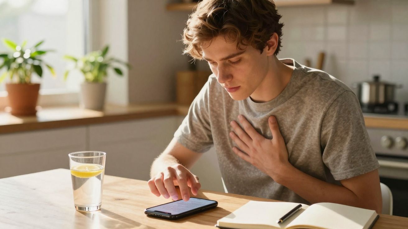 Jovem sentado à mesa com mão no peito a consultar o telemóvel, ao lado de um copo de água e um caderno.