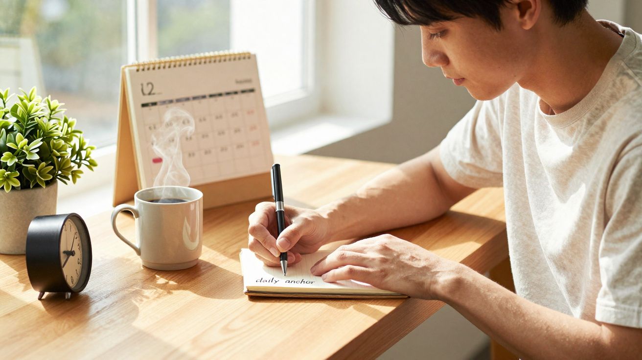 Pessoa a escrever numa agenda sentada numa mesa com caneca, relógio, planta e calendário em ambiente iluminado.