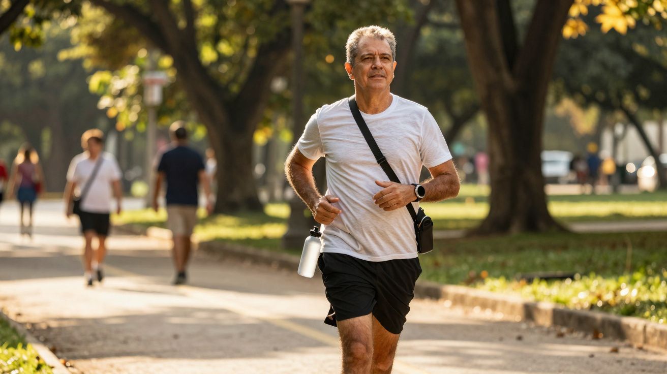 Homem adulto a correr num parque urbano com árvores e outras pessoas ao fundo.