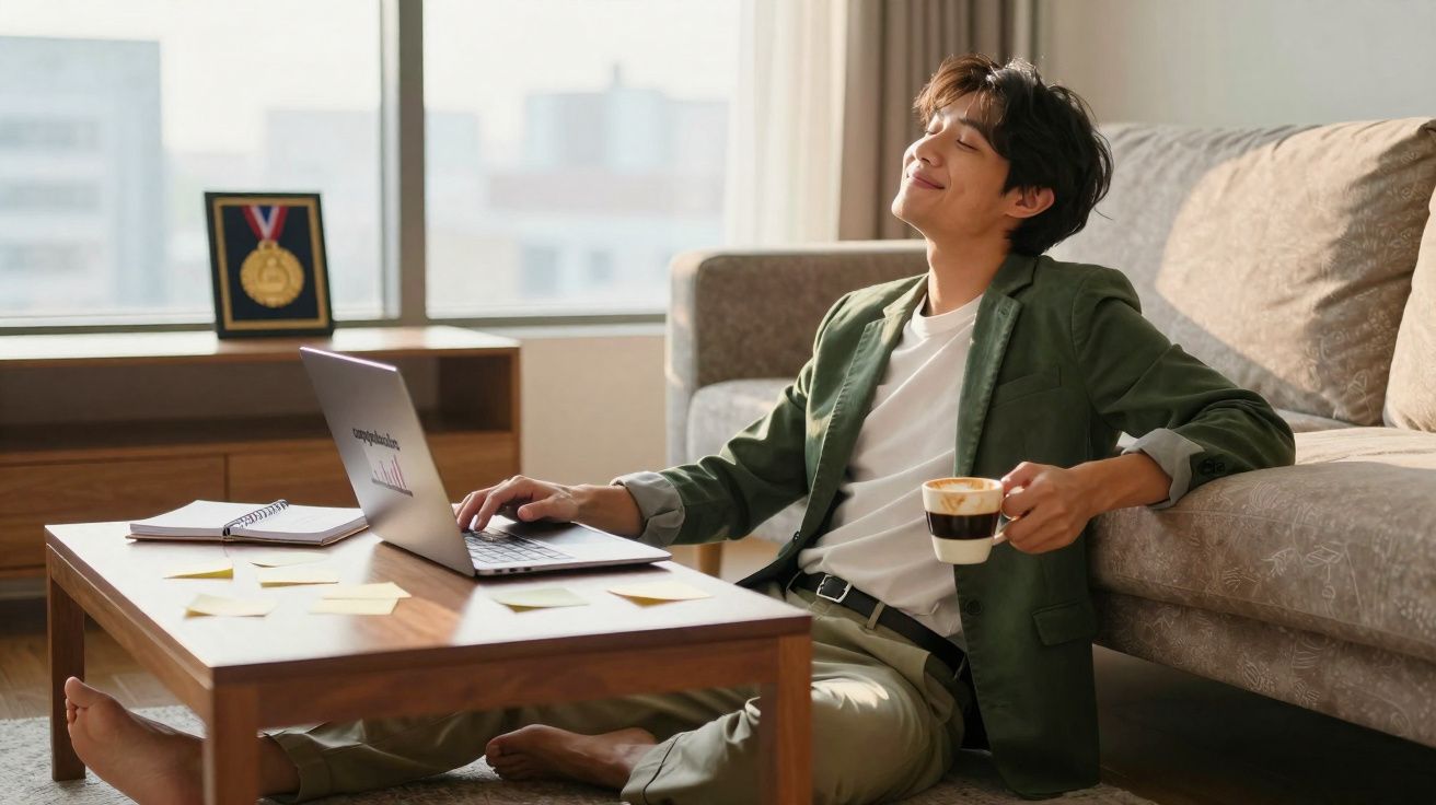 Jovem sentado no chão a beber café e usar portátil num ambiente luminoso e confortável em casa.