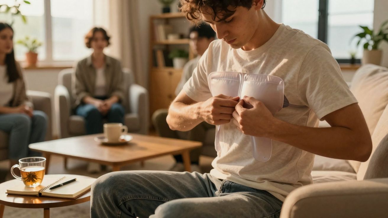 Jovem a usar colete de simulação de mama numa terapia em grupo num ambiente acolhedor.