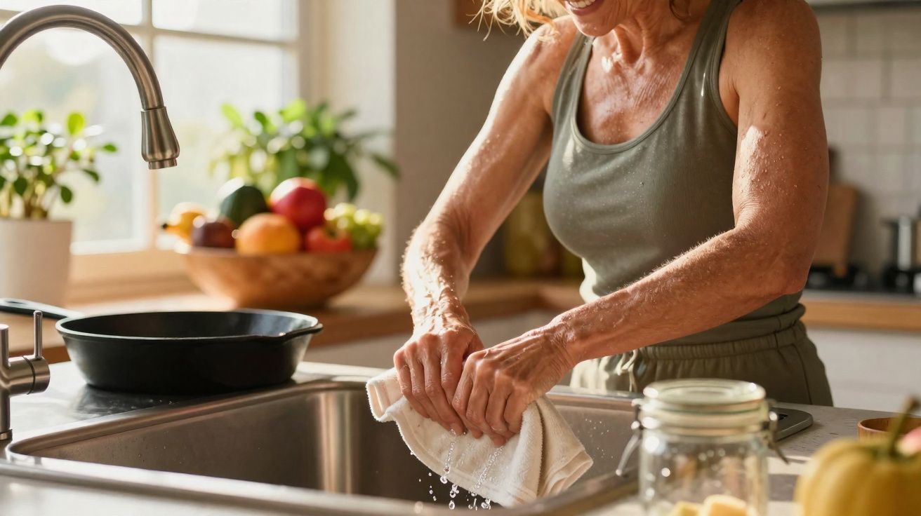 Pessoa a espremer um pano de cozinha junto a uma pia numa cozinha iluminada.