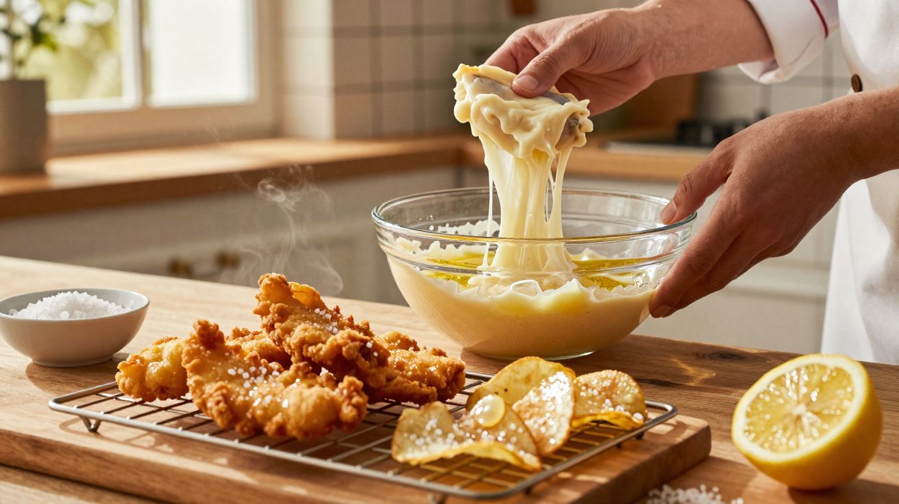 Mão segurando queijo derretido sobre tigela, com frango frito e batatas na bancada de cozinha.