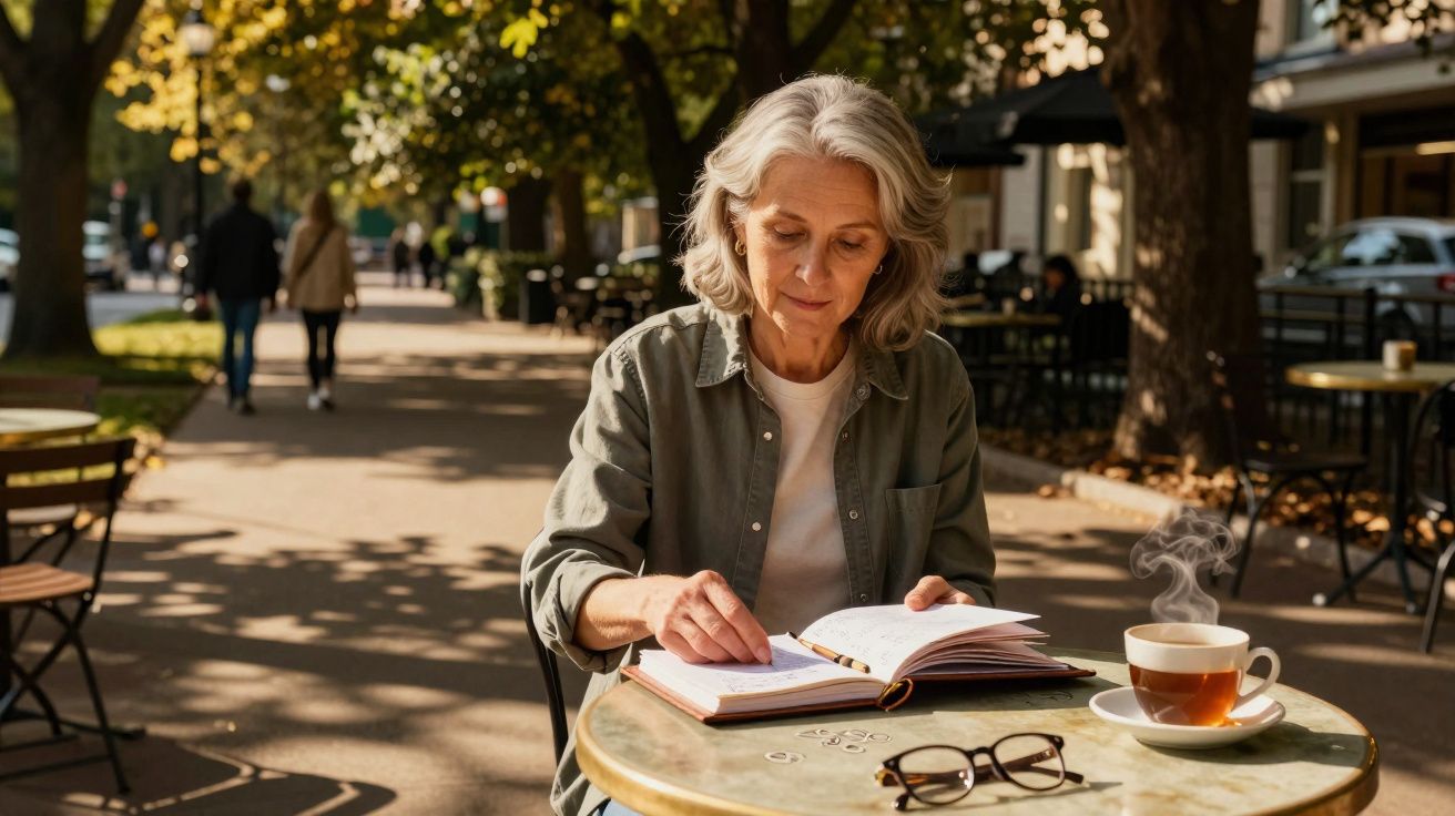 Mulher adulta a ler um livro sentada numa mesa de café ao ar livre numa esplanada ensolarada.