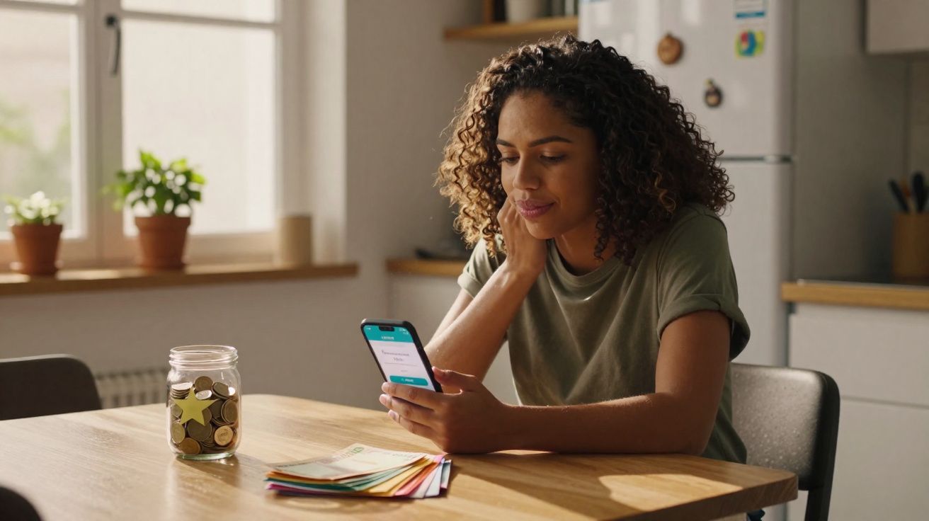 Mulher sentada à mesa, a olhar para o telemóvel, com jarro de moedas e amostras de cores à sua frente.