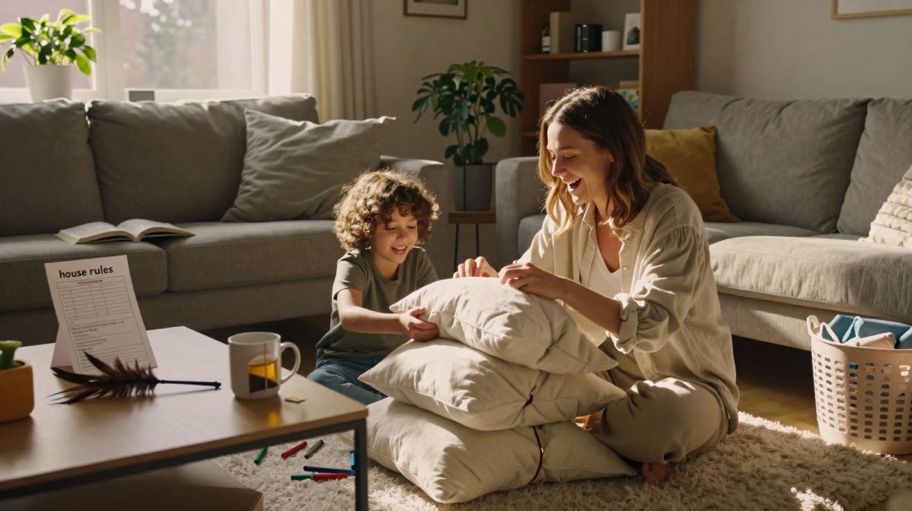 Criança e mulher em brincadeira no chão da sala, rodeados de almofadas, sofá e móveis claros.