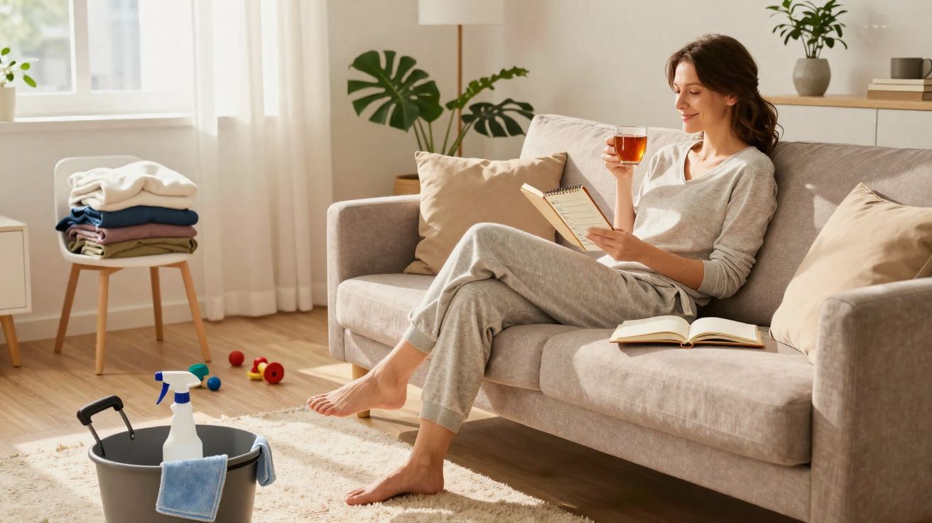 Mulher sentada no sofá relaxa lendo e bebendo chá numa sala iluminada com utensílios de limpeza ao pé do sofá.