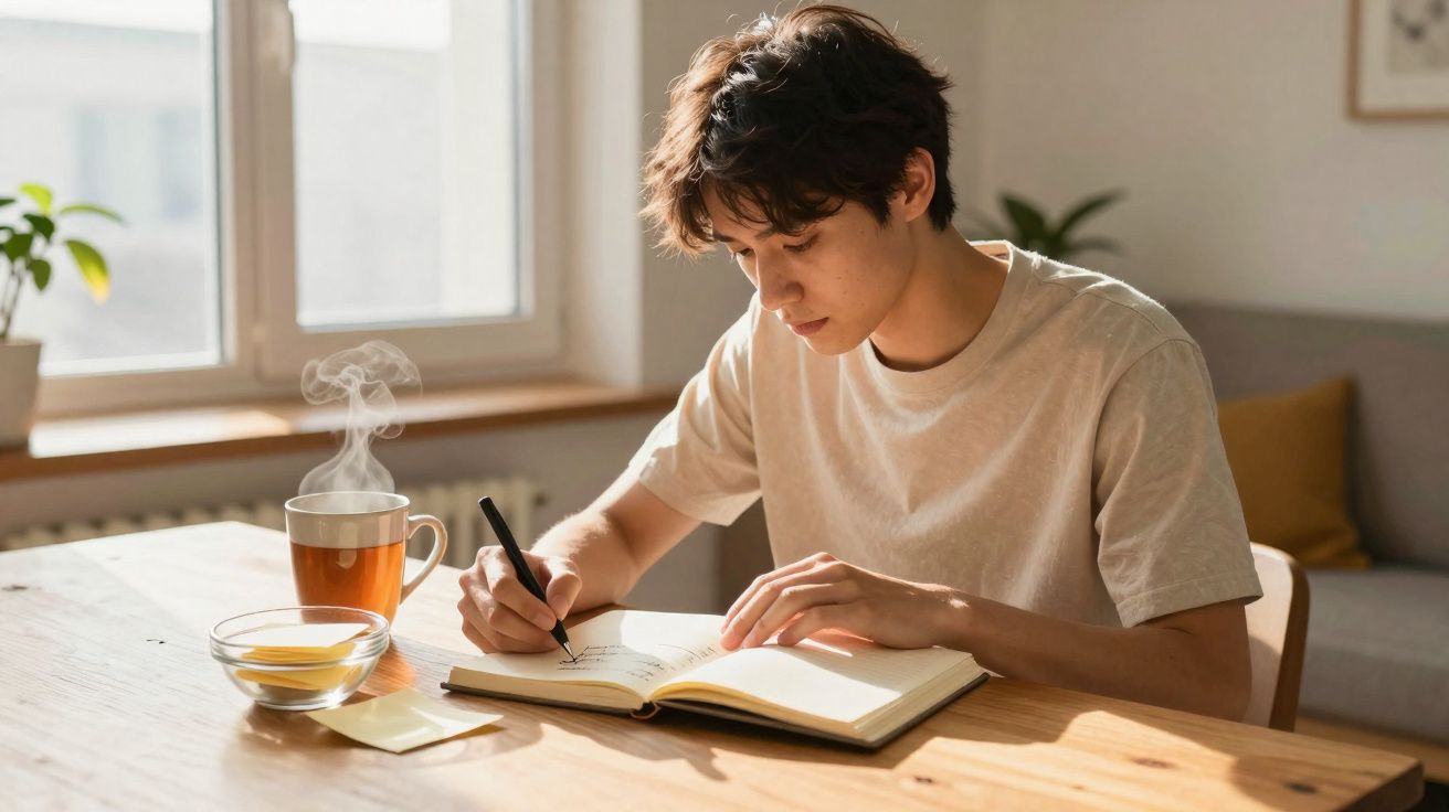 Jovem sentado a escrever num caderno à mesa com chá quente e limão numa sala iluminada pela luz natural.