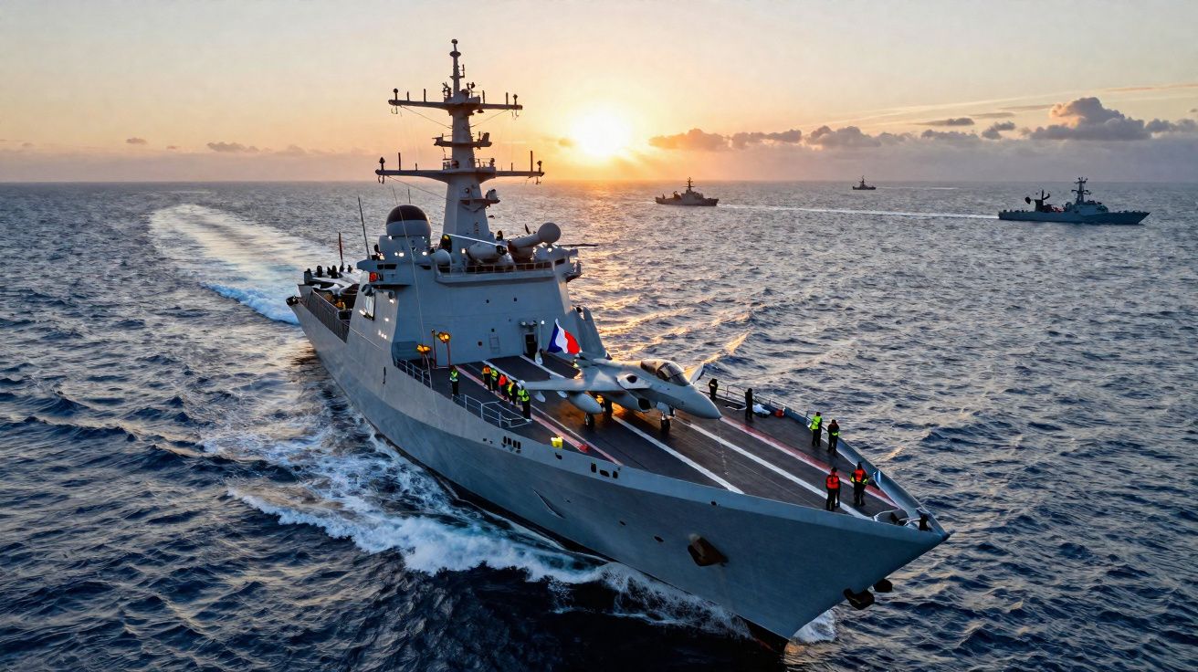 Navio de guerra em mar calmo ao pôr do sol com tripulação e outros navios ao longe.