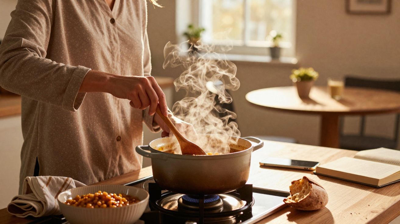Pessoa a mexer uma panela a ferver no fogão, com uma tigela de grão e pão partido à frente.