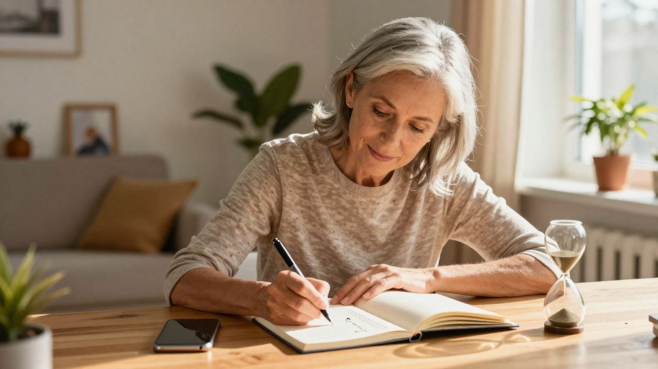 Mulher idosa sentada a escrever num caderno numa mesa de madeira com ampulheta e telemóvel ao lado.