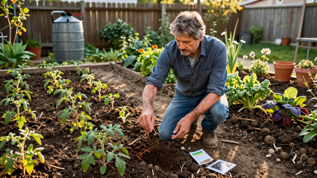Homem a plantar sementes num jardim com várias plantas e flores ao redor durante o dia.