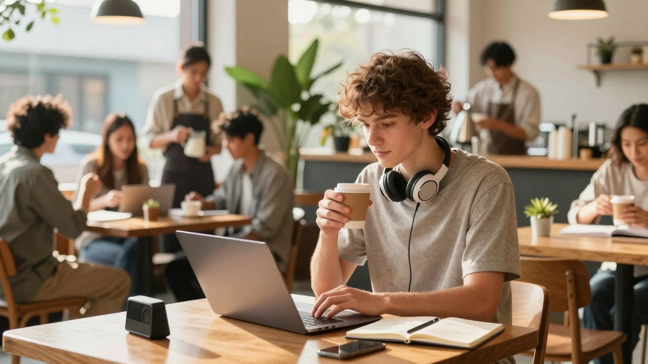 Jovem com auscultadores no pescoço bebe café enquanto trabalha num portátil numa cafetaria movimentada.