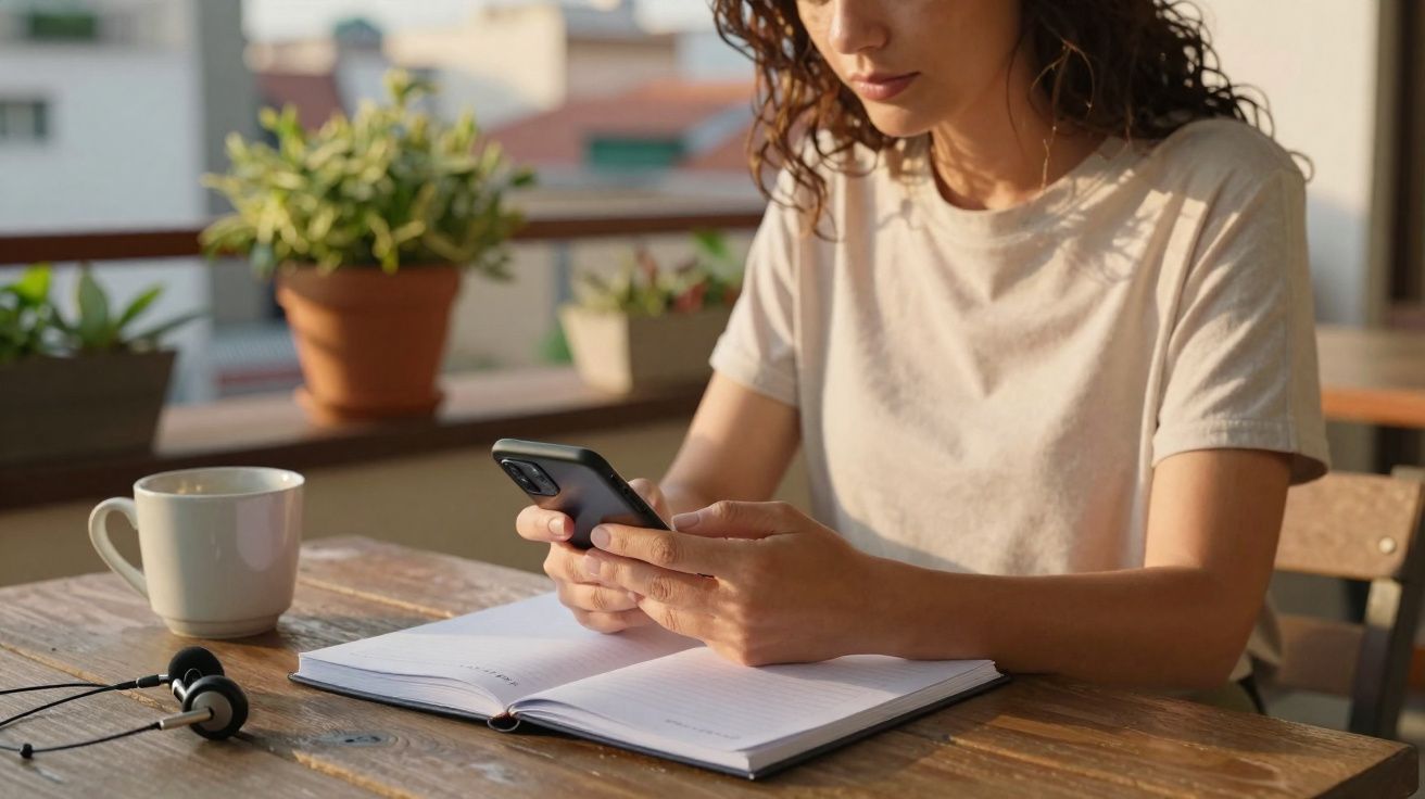 Mulher sentada à mesa com caderno aberto e a usar telemóvel, com caneca e auscultadores próximos.