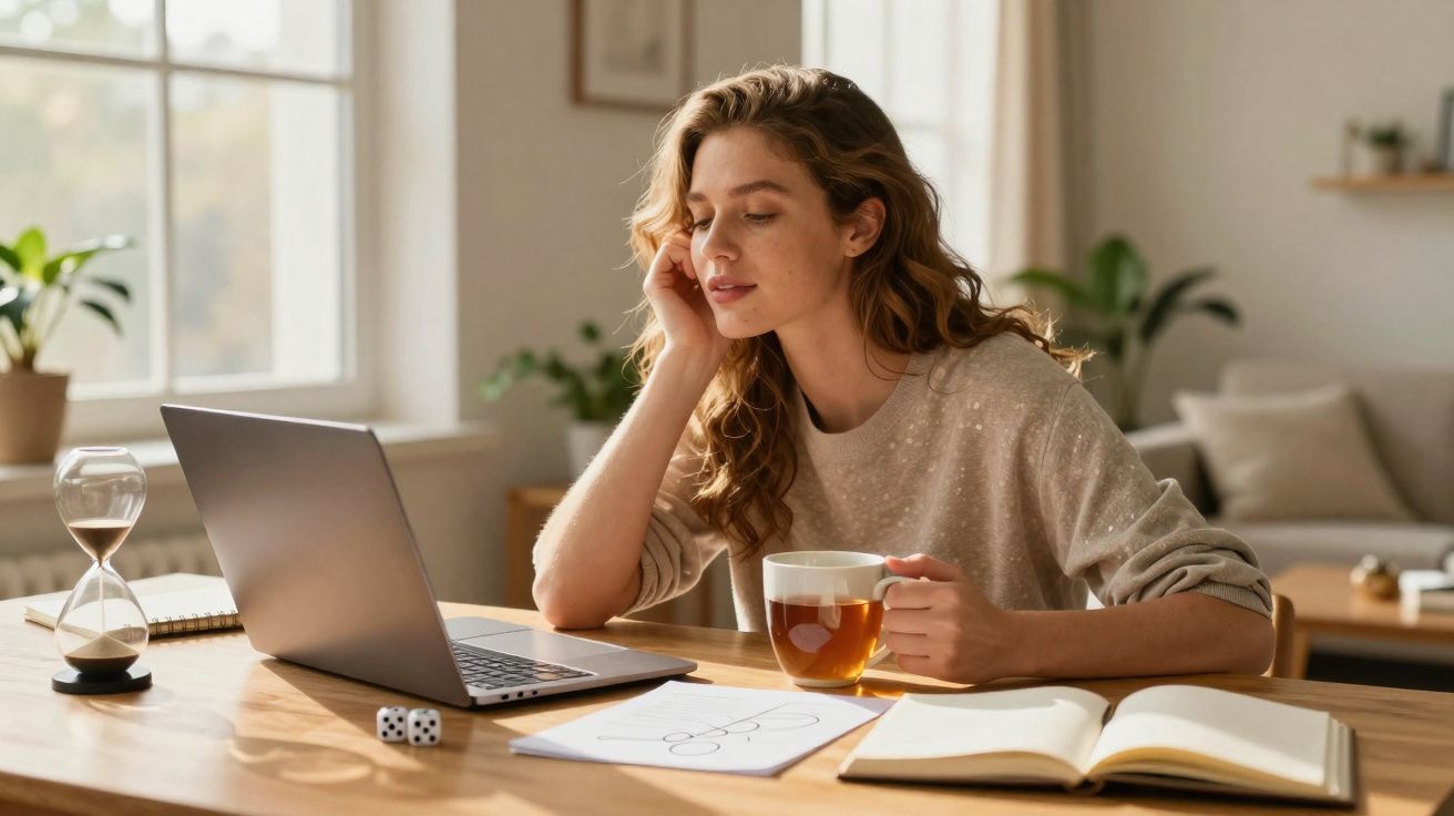 Mulher sentada numa mesa com chá, laptop, dados, ampulheta e caderno em ambiente luminoso e confortável.