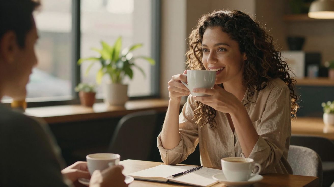 Mulher sorridente a beber café numa mesa com caderno aberto, conversando com outra pessoa num café iluminado.