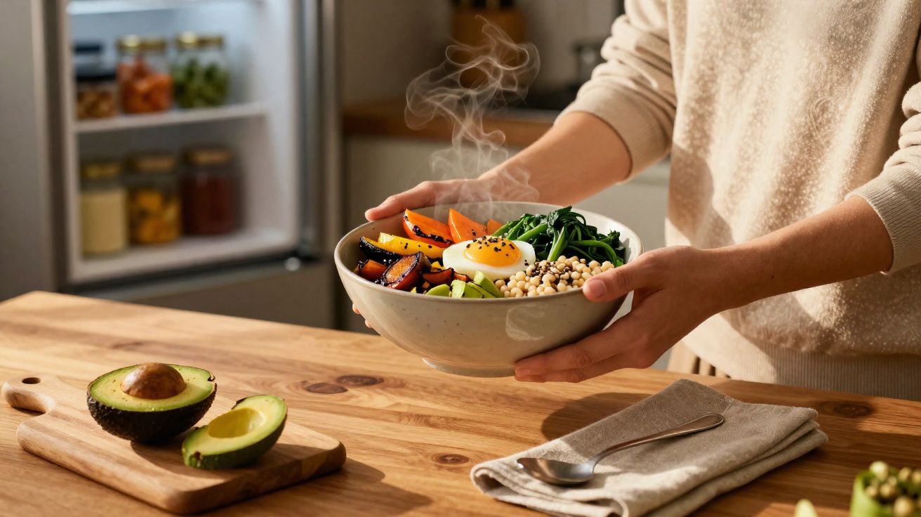 Pessoa a segurar tigela fumegante com ovo, legumes variados e sementes numa cozinha moderna.