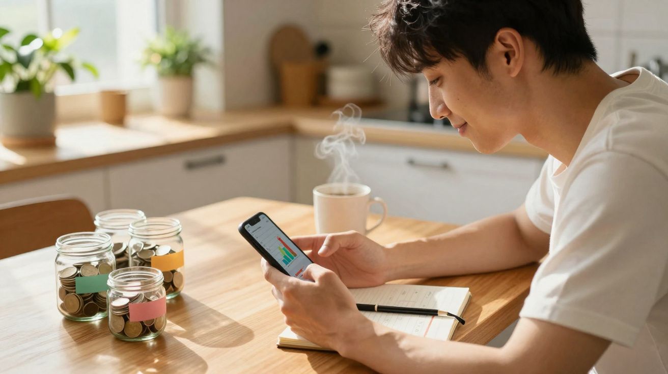 Homem jovem a analisar gráficos de finanças no telemóvel com frascos de moedas e caderno numa mesa.