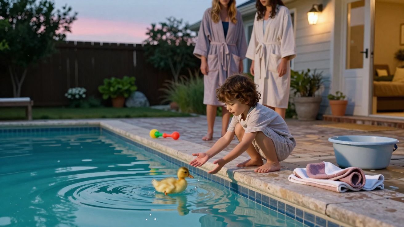 Criança a brincar com um patinho numa piscina, com duas mulheres de roupão ao fundo.